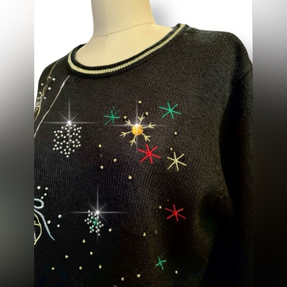 Ugly Christmas Sweater Black Ornaments Rhinestones Embroidery Womens Sz XL - Picture 8 of 11